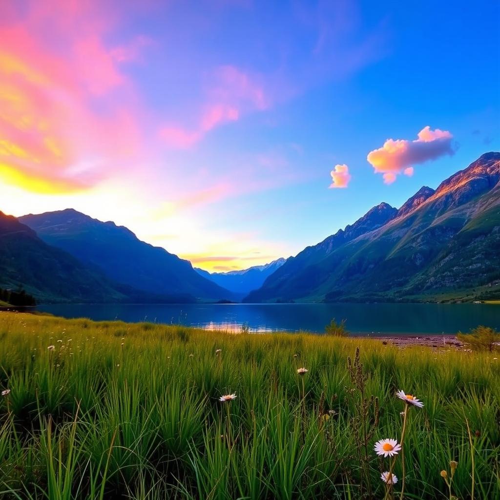 A photo of a serene landscape featuring a clear blue lake surrounded by majestic mountains under a vibrant sunset sky with shades of orange, pink, and purple