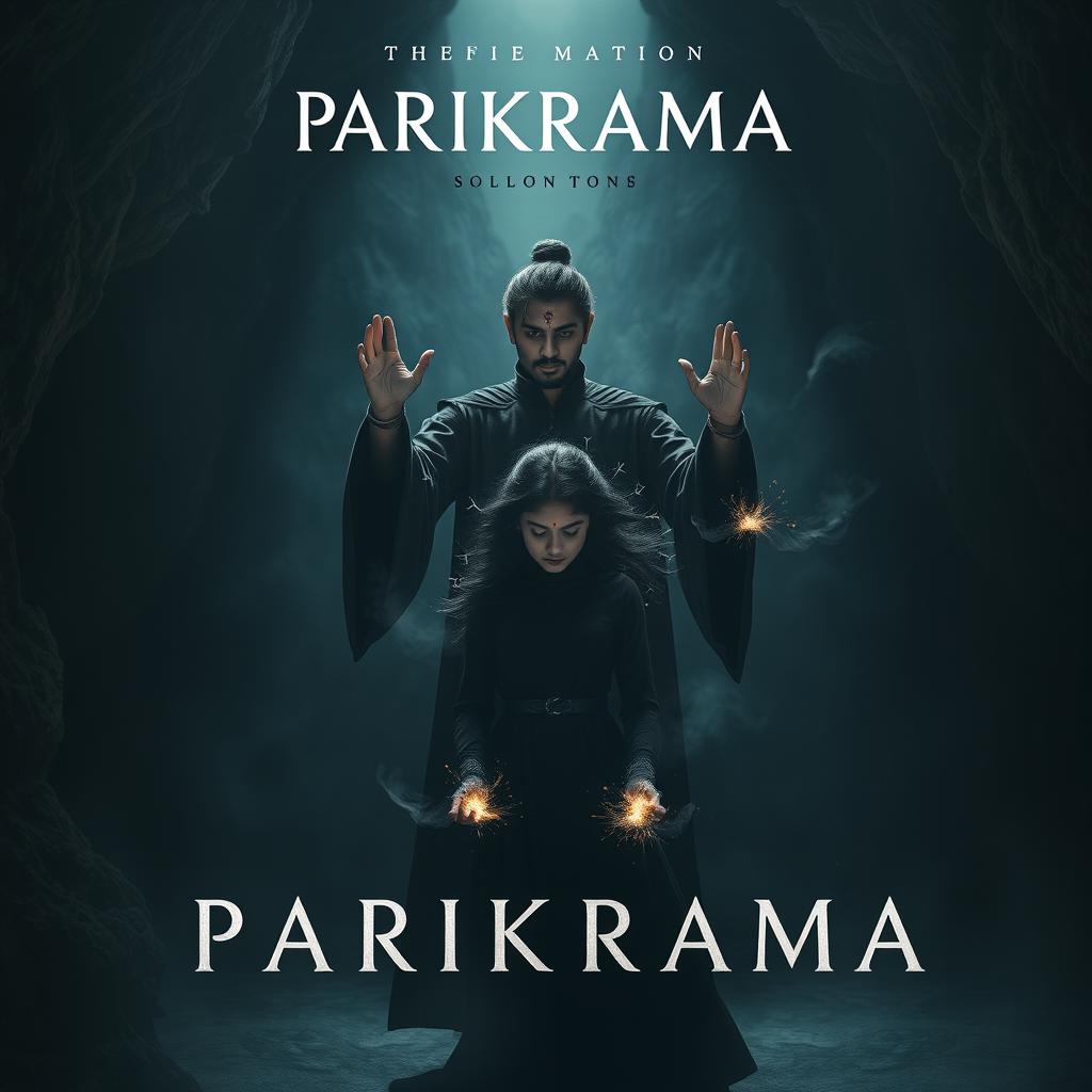 A modern dark fantasy film poster titled 'Parikrama', set inside a deep, shadowy cave that glows faintly with eerie magical light