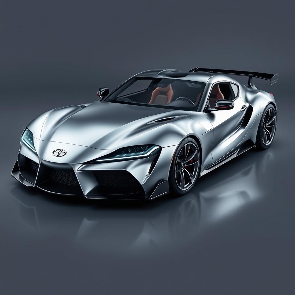 A modern supercar inspired by the iconic Toyota A70 Supra, featuring sleek aerodynamic lines, a wide stance, and an aggressive front grille
