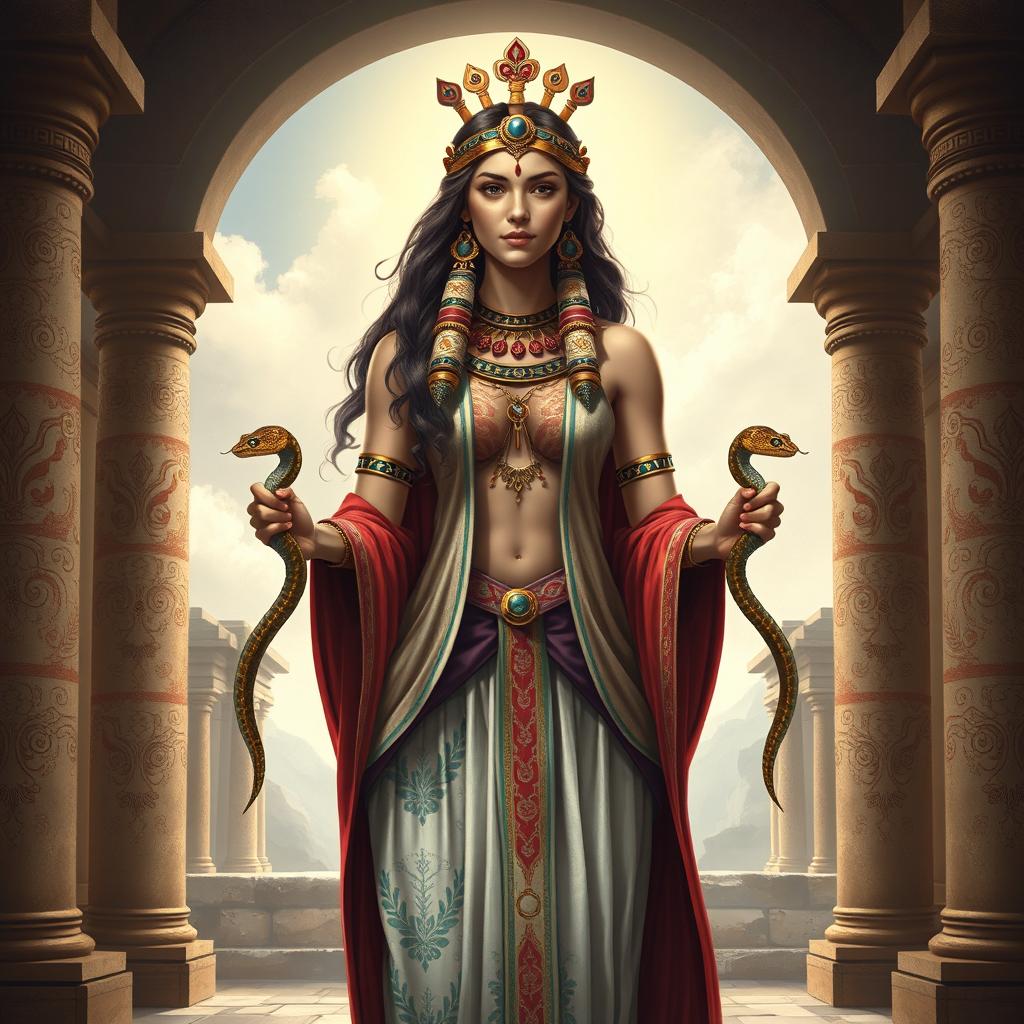 An artistic depiction of a Minoan priestess from Knossos, featuring her holding two snakes in her hands