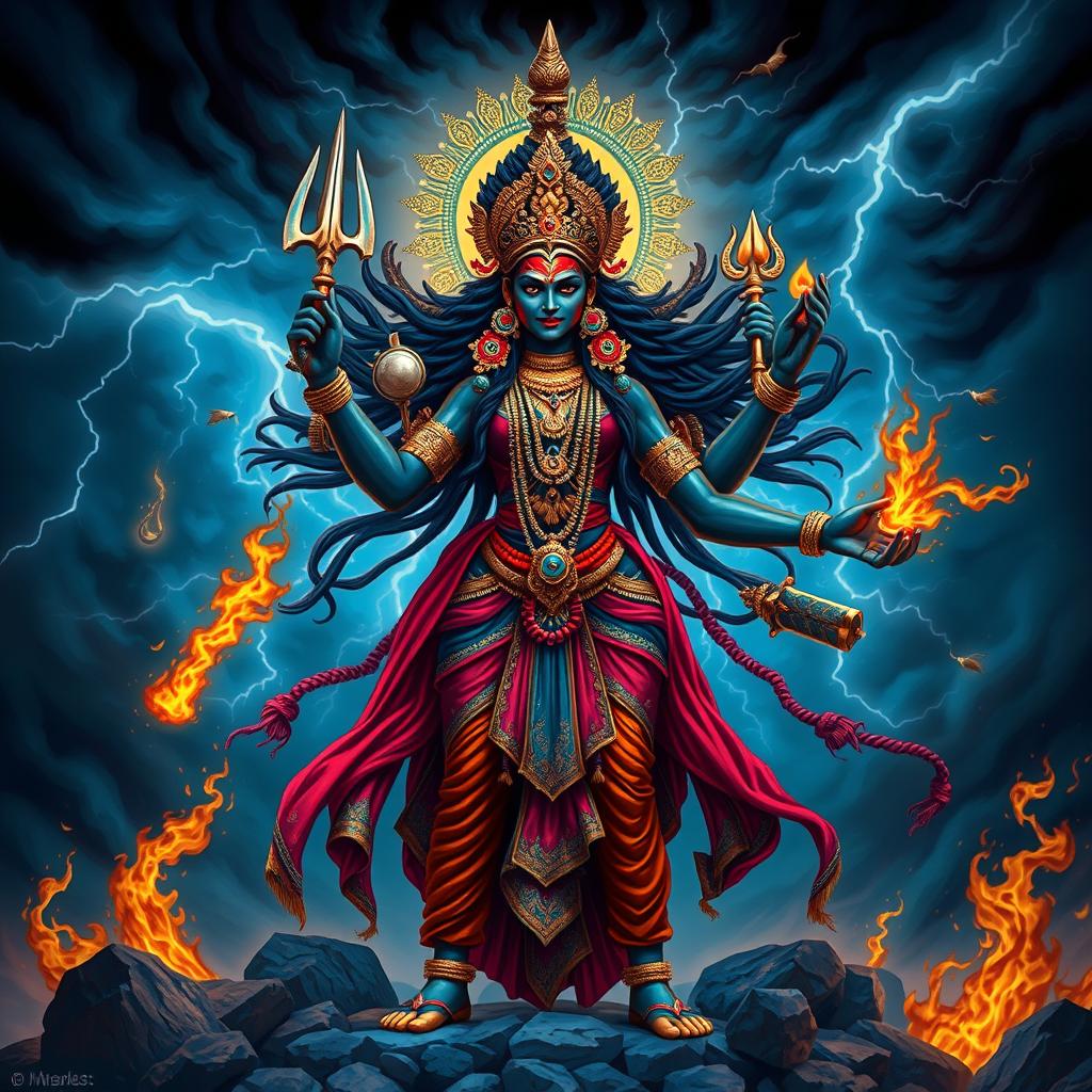 A majestic depiction of Mahakali, a powerful goddess in Hindu mythology, adorned in traditional jewelry and vibrant clothing