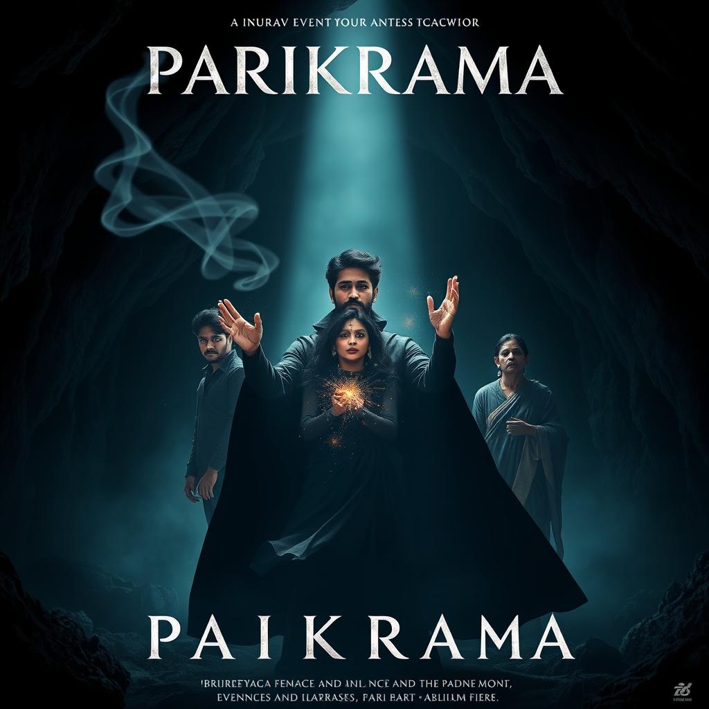 A modern dark fantasy film poster titled 'Parikrama', set within a deep, shadowy cave that glows faintly with an eerie magical light