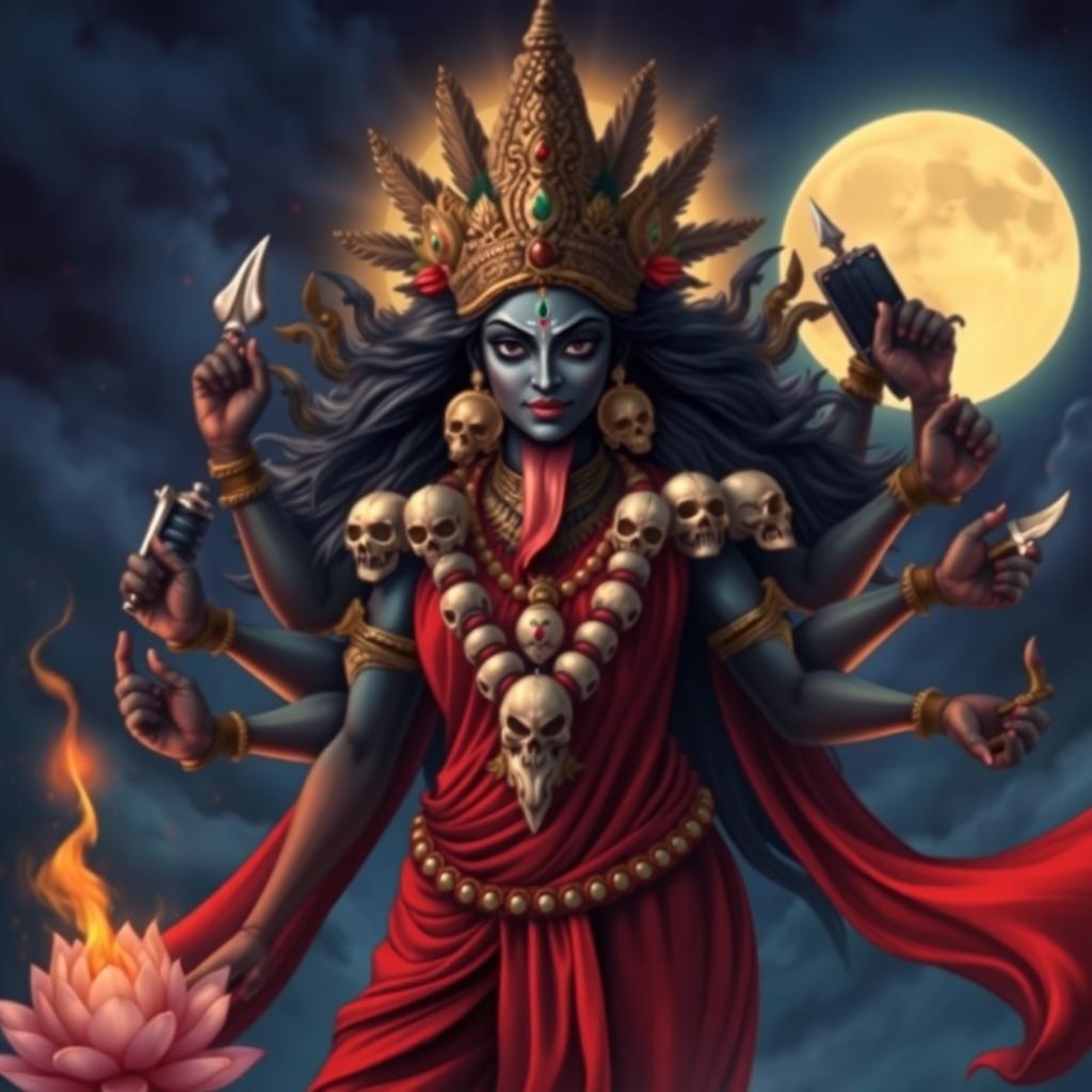 An exquisite illustration of Goddess Kali, depicted with her iconic dark complexion and multiple arms, radiating strength and power