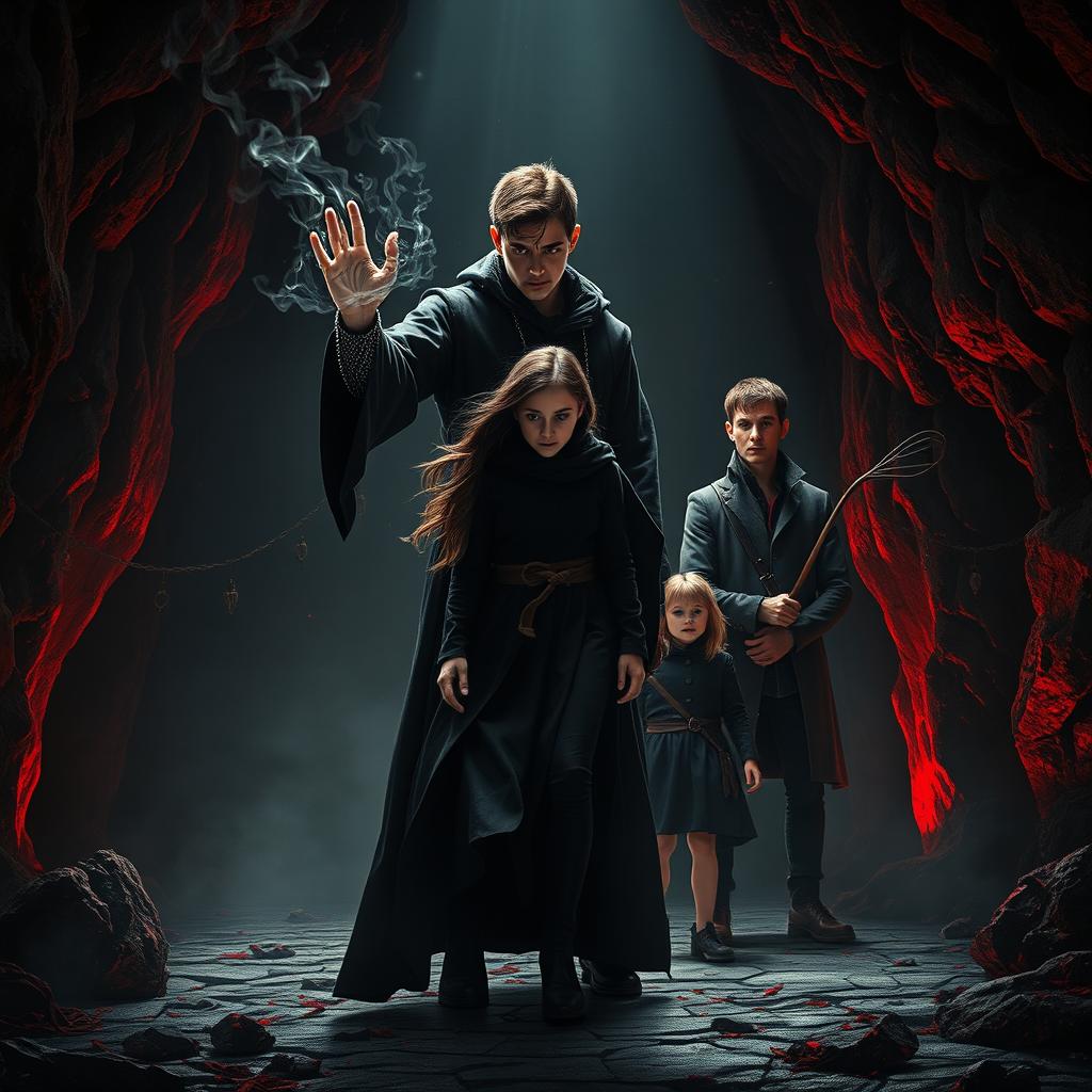 A realistic cinematic fantasy film poster depicting a young male sorcerer in modern black robes, performing dark magic inside a shadowy cave