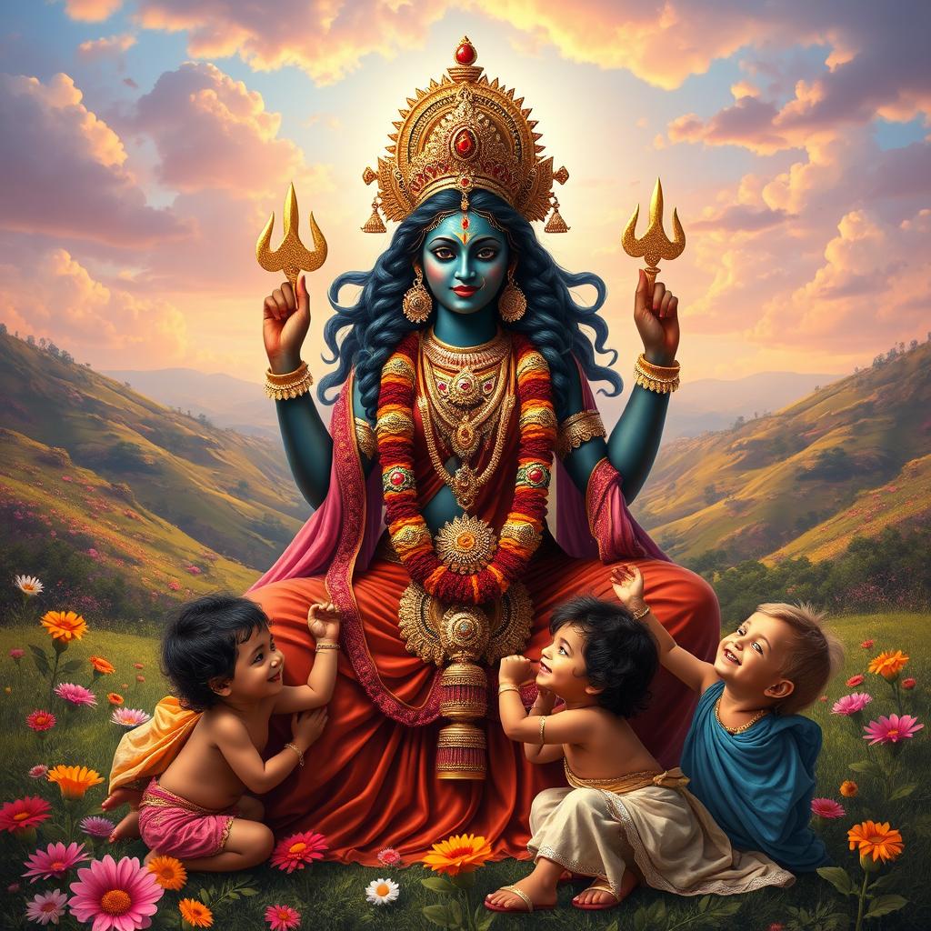 A divine representation of Goddess Kali, depicted with her traditional attire, adorned with intricate jewelry and garlands, showcasing her fierce and powerful demeanor