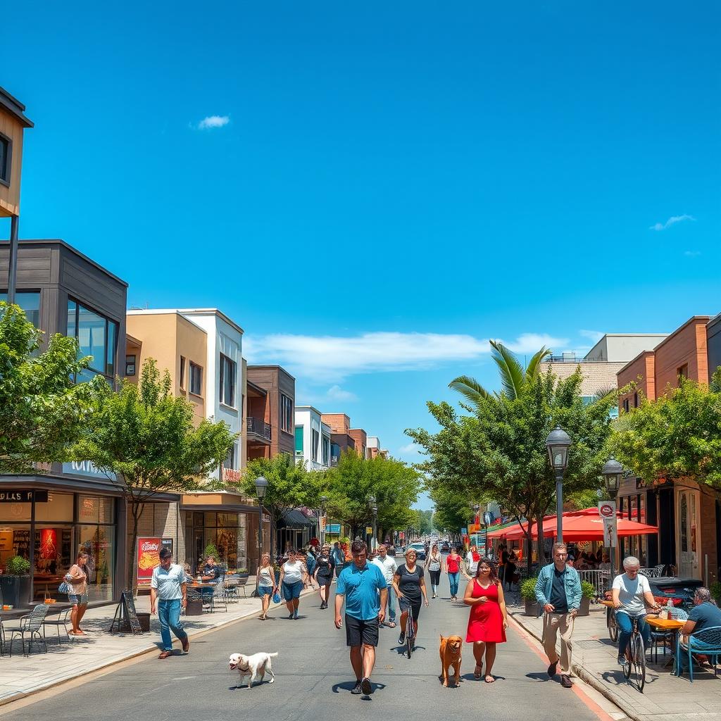 A vibrant transformation of a residential neighborhood into a bustling commercial zone, featuring modern buildings, lively storefronts filled with colorful displays, and pedestrians enjoying their shopping experience