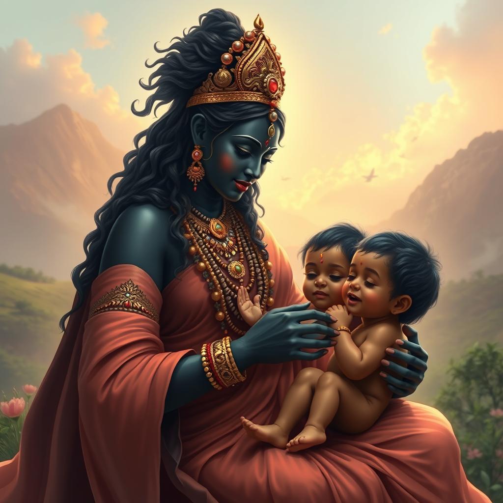 A sacred and nurturing depiction of Goddess Mahakali, symbolizing strength and motherhood, breastfeeding children in a serene and divine setting
