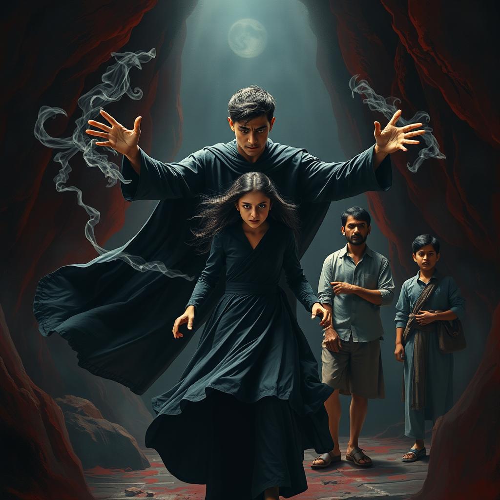 A realistic cinematic fantasy film poster featuring a young Indian male sorcerer in flowing black robes, performing dark magic within a shadowy cave