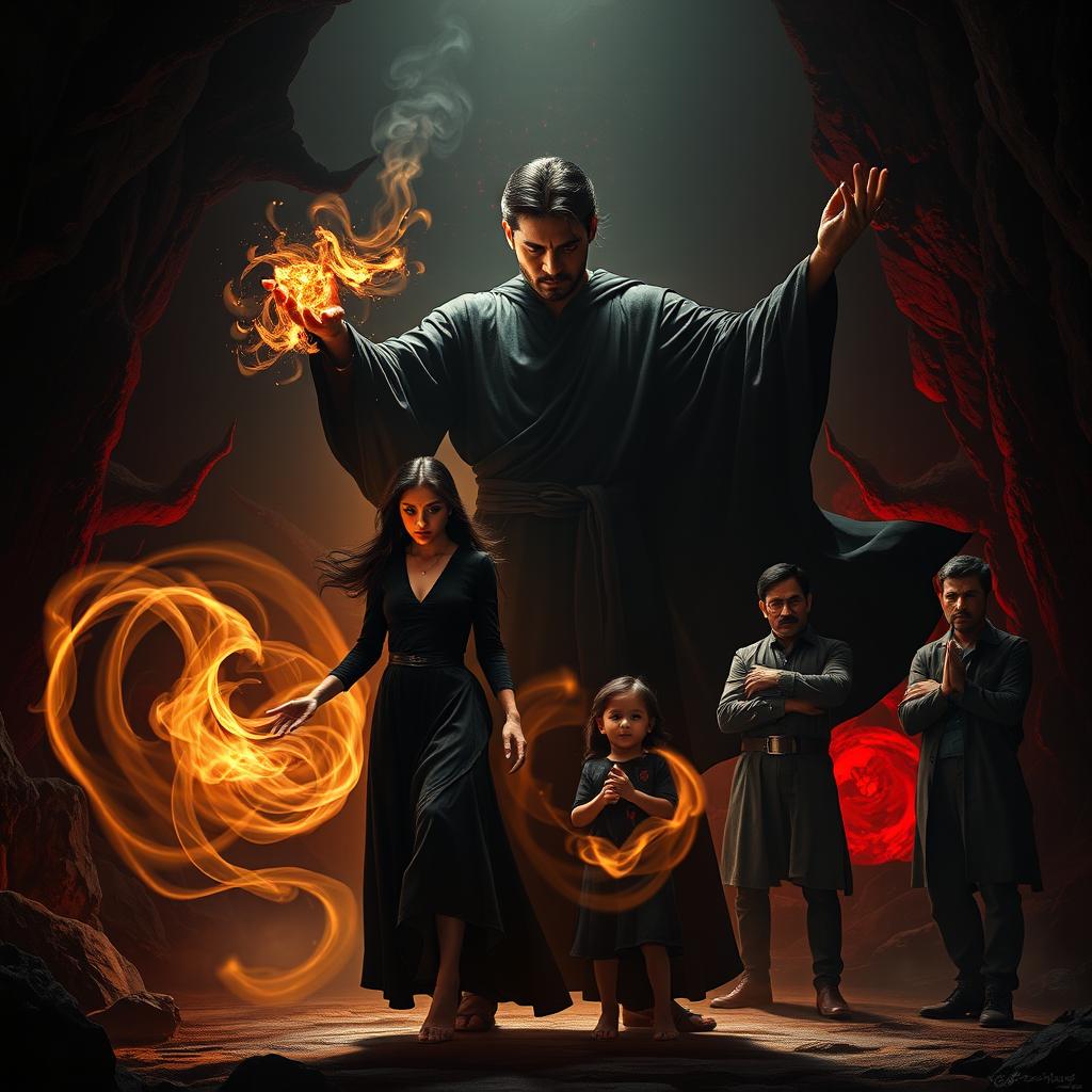 A realistic cinematic fantasy film poster showcasing a young Indian male sorcerer clad in flowing black robes, performing dark magic within a shadowy cave