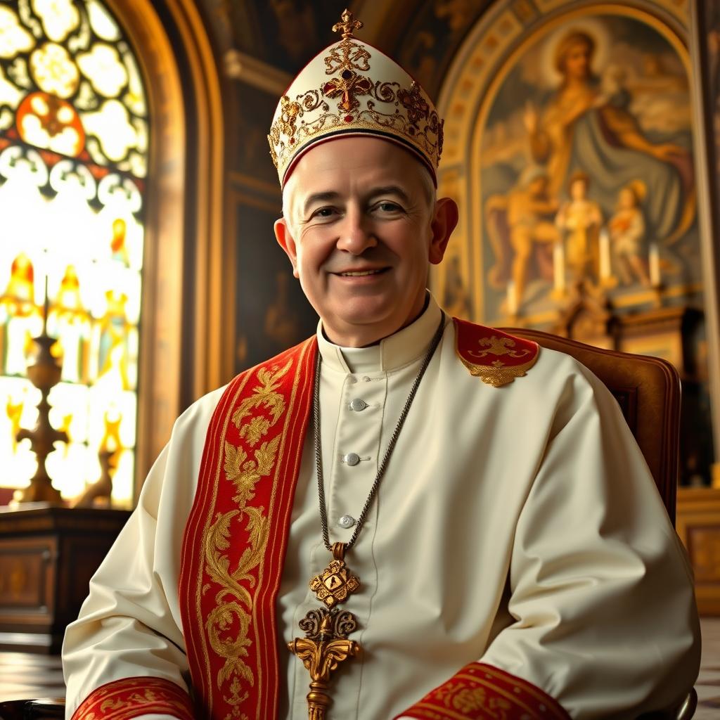 A portrait of a charismatic pope, dressed in traditional papal attire, including a white cassock, a red and gold stole, and a Papal tiara