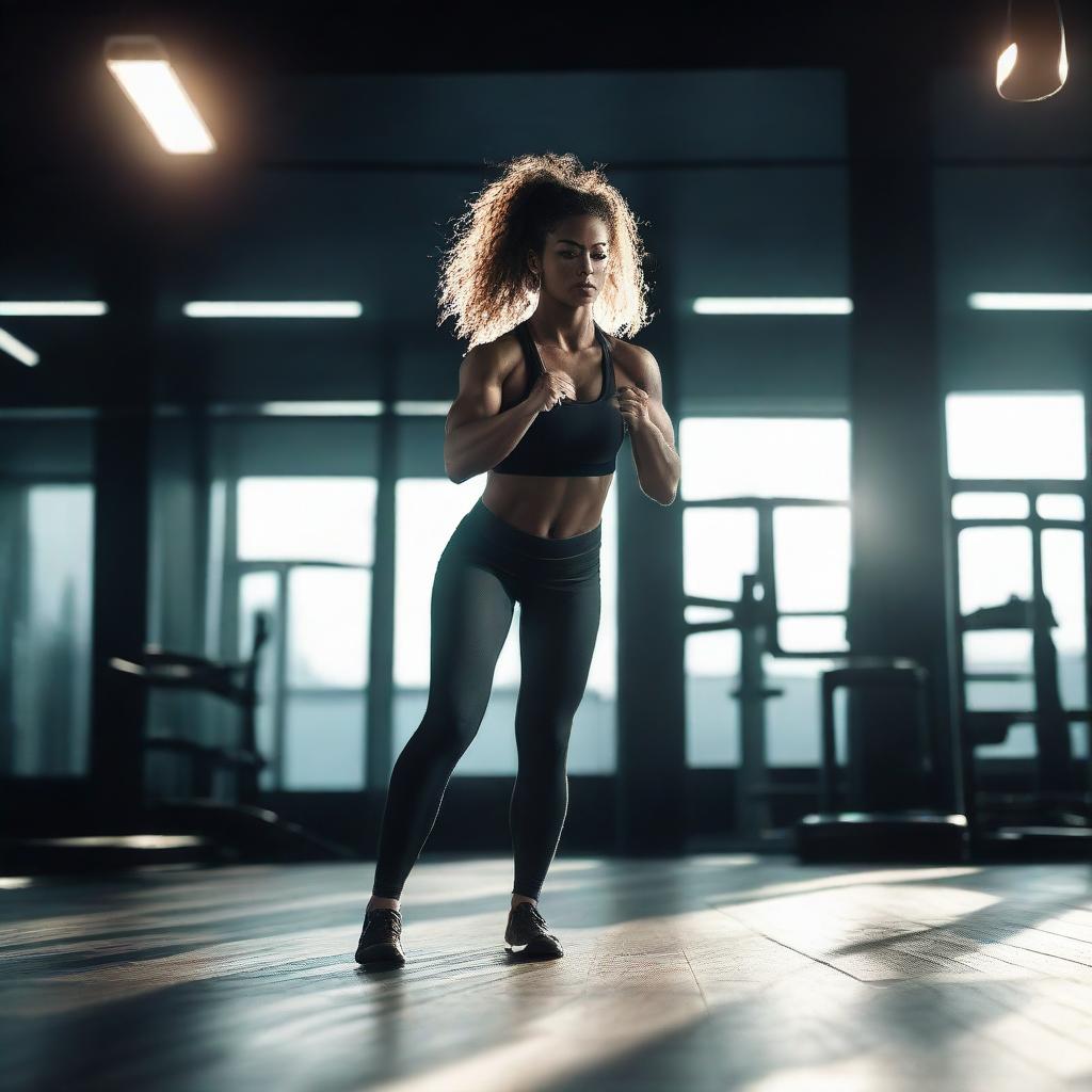 Epic cinematic shot of a fit woman exercising in a modern gym illuminated by dramatic lighting.