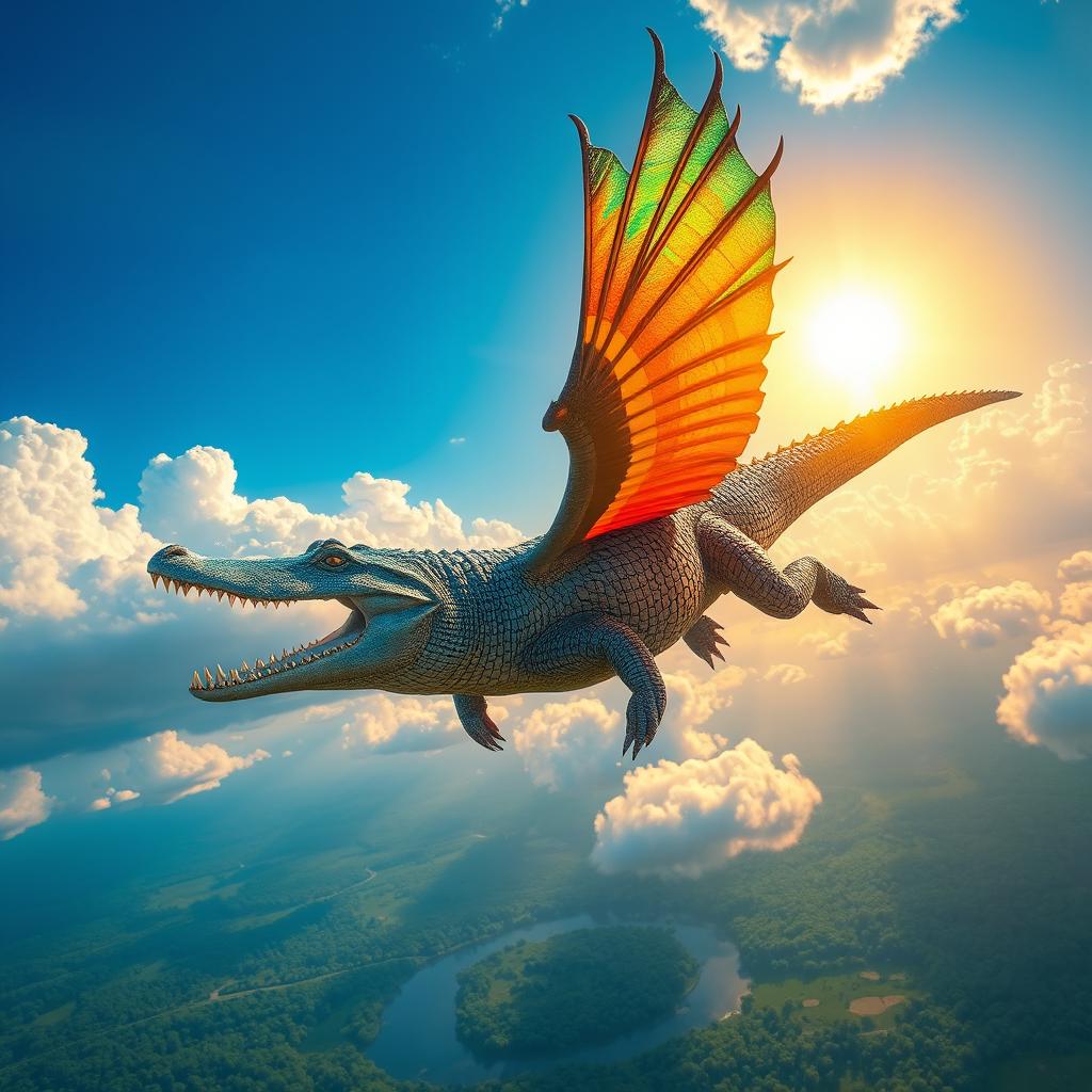 A fantastical scene featuring a large, vibrant alligator soaring through a bright blue sky, with fluffy white clouds around it