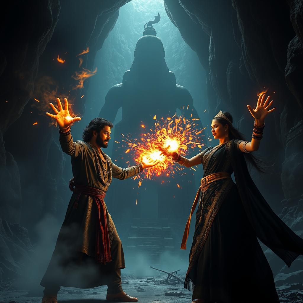 A cinematic Indian fantasy film poster featuring Bhairav, a powerful young male sorcerer skilled in black magic, adorned in dark Indian robes