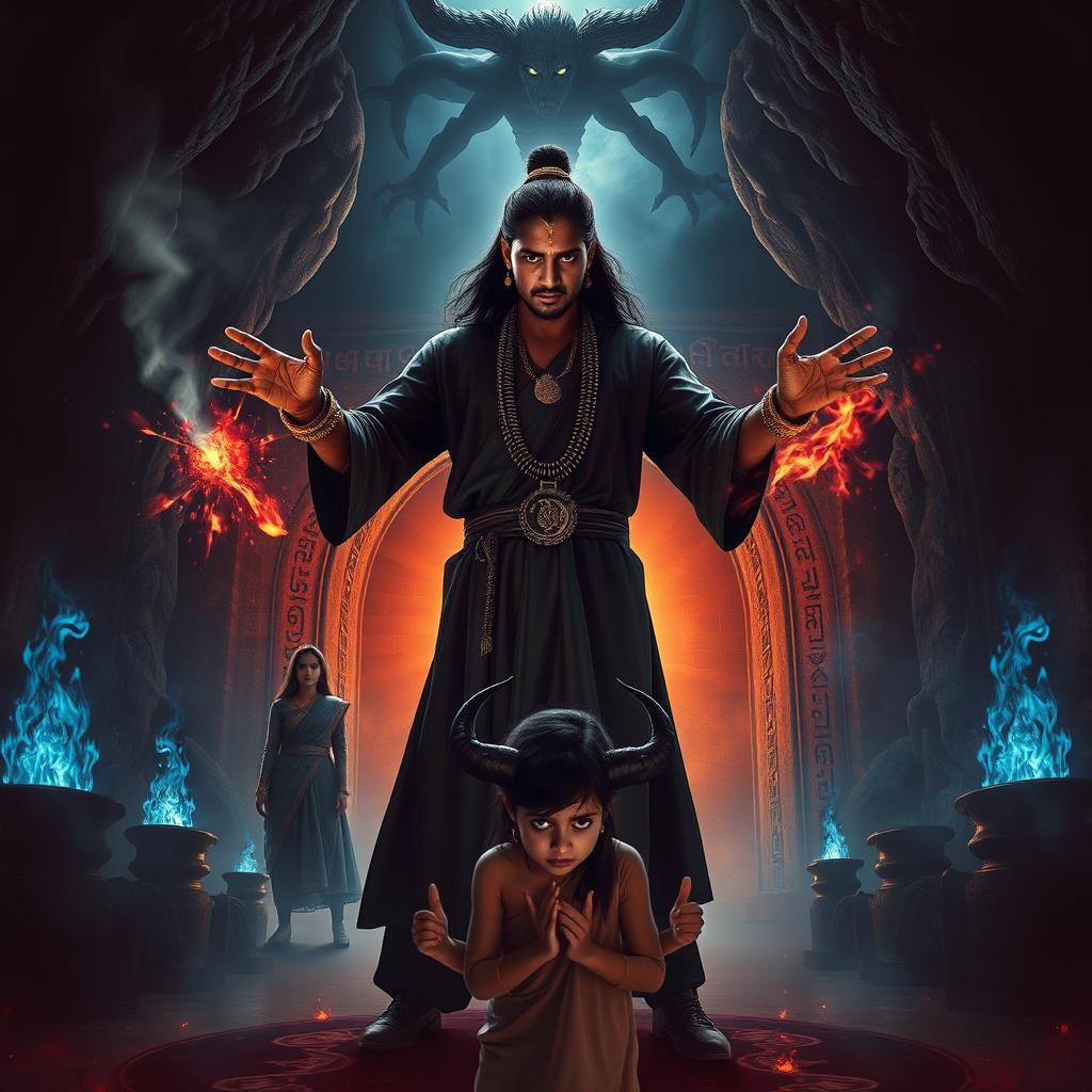 A dark and mystical Indian horror-fantasy film poster featuring Bhairav, a young and powerful Indian sorcerer clad in traditional black robes, standing menacingly at the center