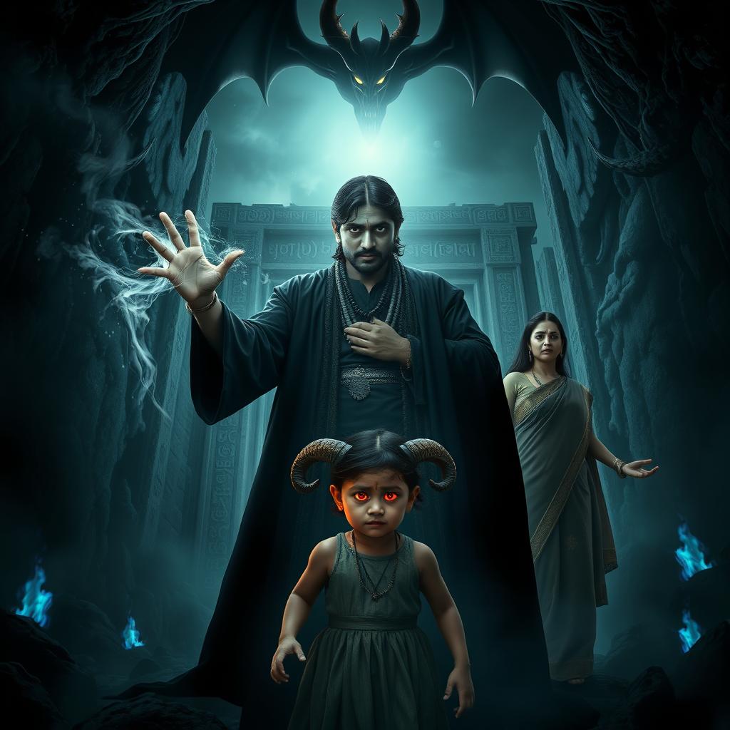 A dark and mystical Indian horror-fantasy film poster featuring Bhairav, a young and powerful Indian sorcerer clad in traditional black robes, standing menacingly at the center