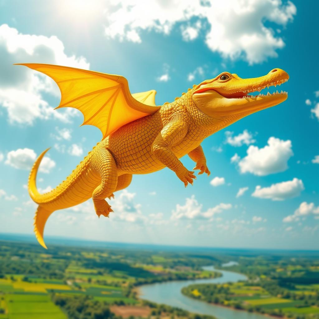A fantastical yellow alligator soaring through a bright blue sky dotted with fluffy white clouds