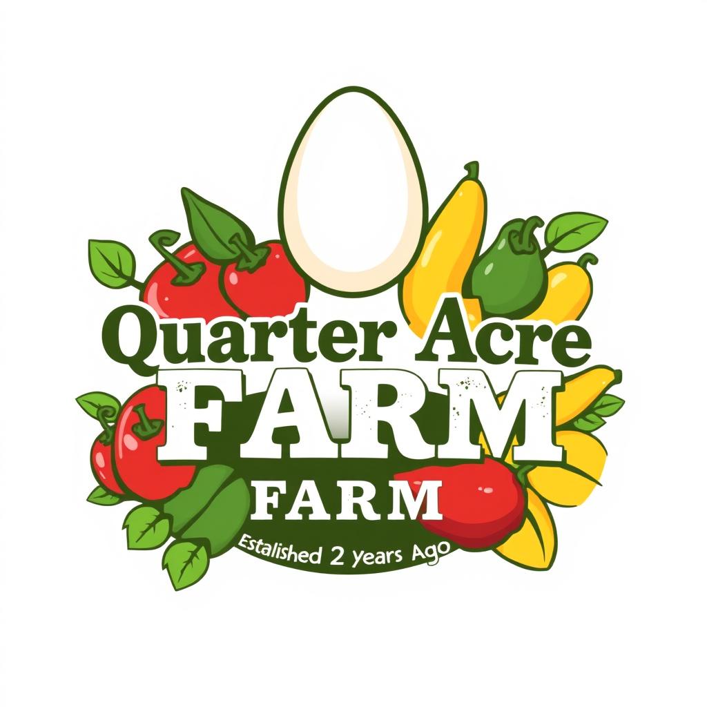 A logo design for 'Quarter Acre Farm' featuring fresh, organic eggs and a variety of farm products including vibrant peppers, banana squash, and yams