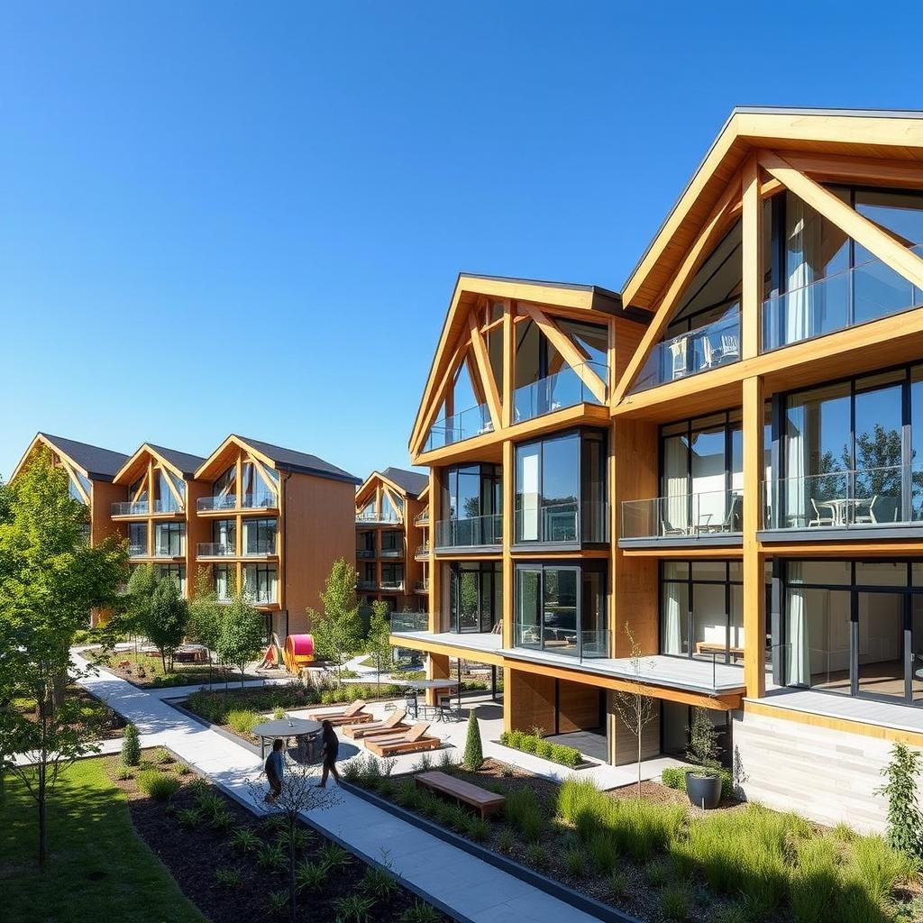 A modern truss housing residential complex, featuring a series of innovative eco-friendly buildings with exposed wooden trusses and large glass windows