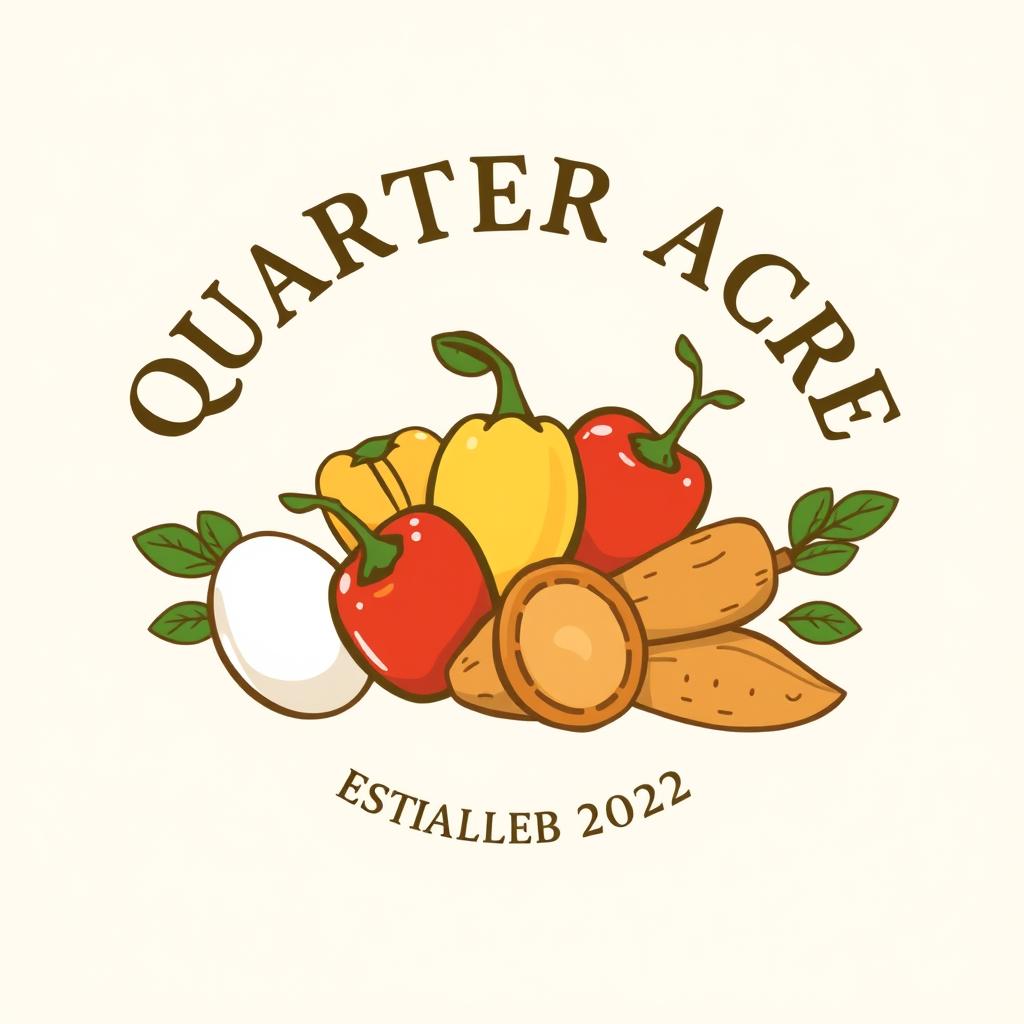 Create a logo for 'Quarter Acre Farm' that features visually appealing elements representing farm-fresh eggs, colorful peppers, and delicious banana spice yams