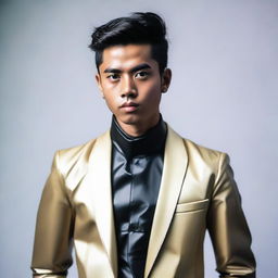 A young Indonesian man dressed in a modern outfit featuring latex materials, highlighting the cultural integration and style diversity