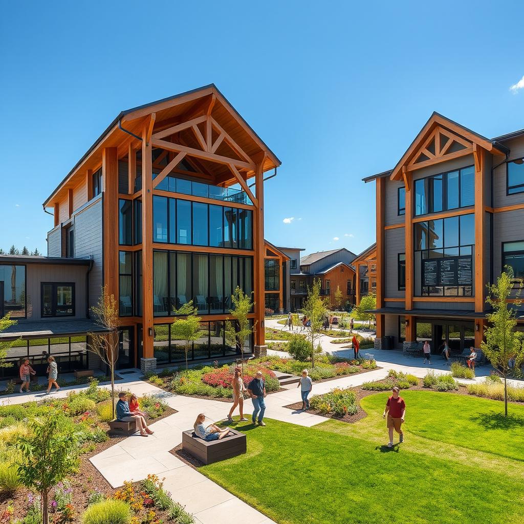 A modern truss housing residential complex, showcasing a series of contemporary buildings with exposed timber trusses and expansive glass facades