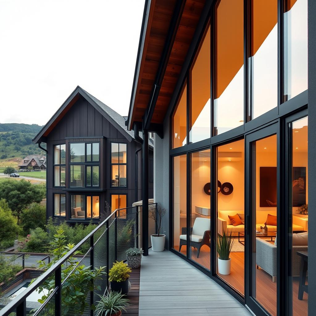 A modern truss housing apartment located in a vibrant residential complex, featuring large glass windows and a sleek architectural design