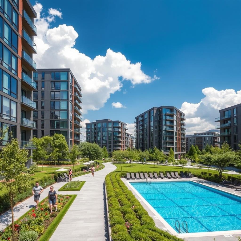 A modern residential complex featuring several sleek, contemporary apartment buildings with glass facades