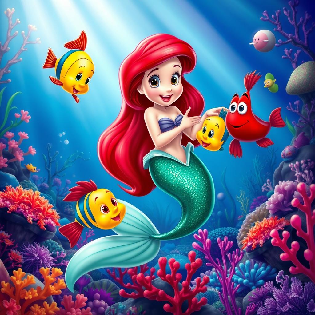 A vibrant underwater scene featuring Ariel, the Little Mermaid, surrounded by her colorful friends