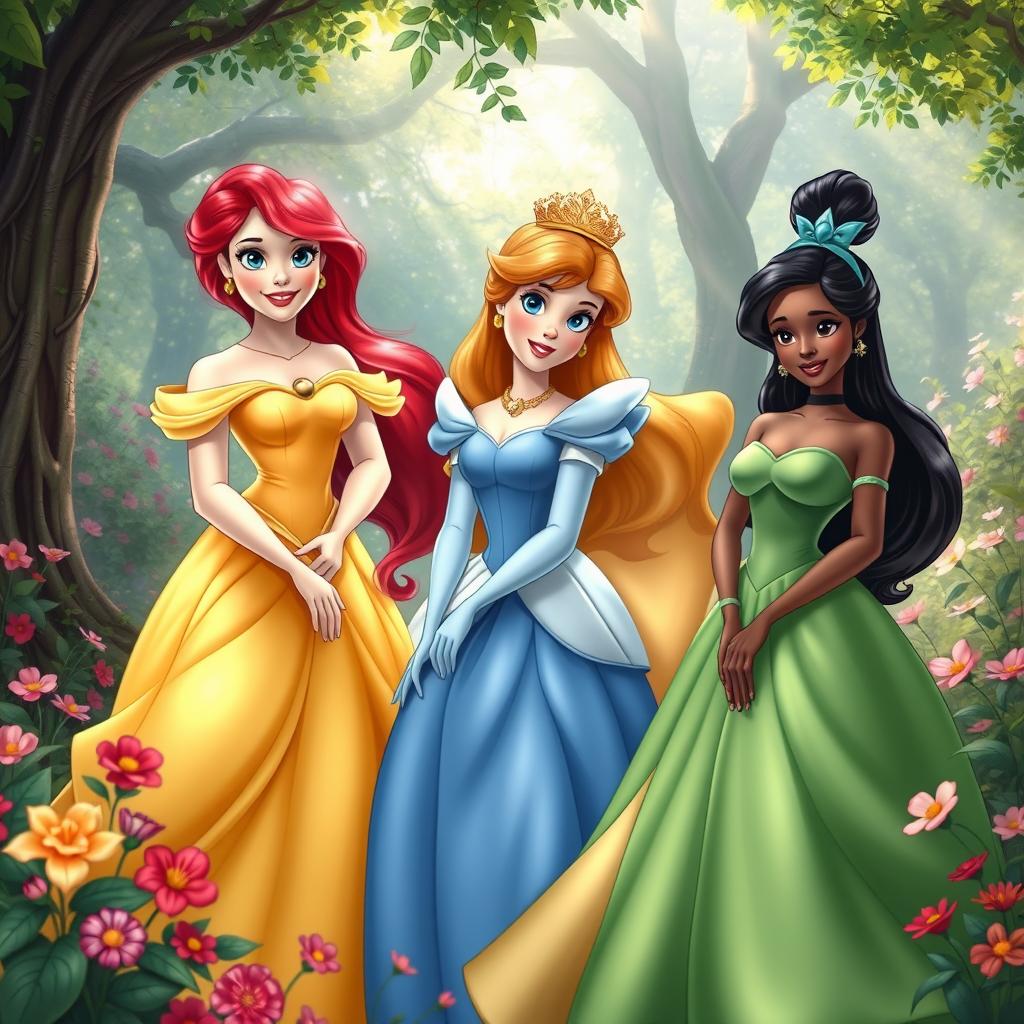 All Disney princesses gathered together in a beautifully detailed and realistic art style