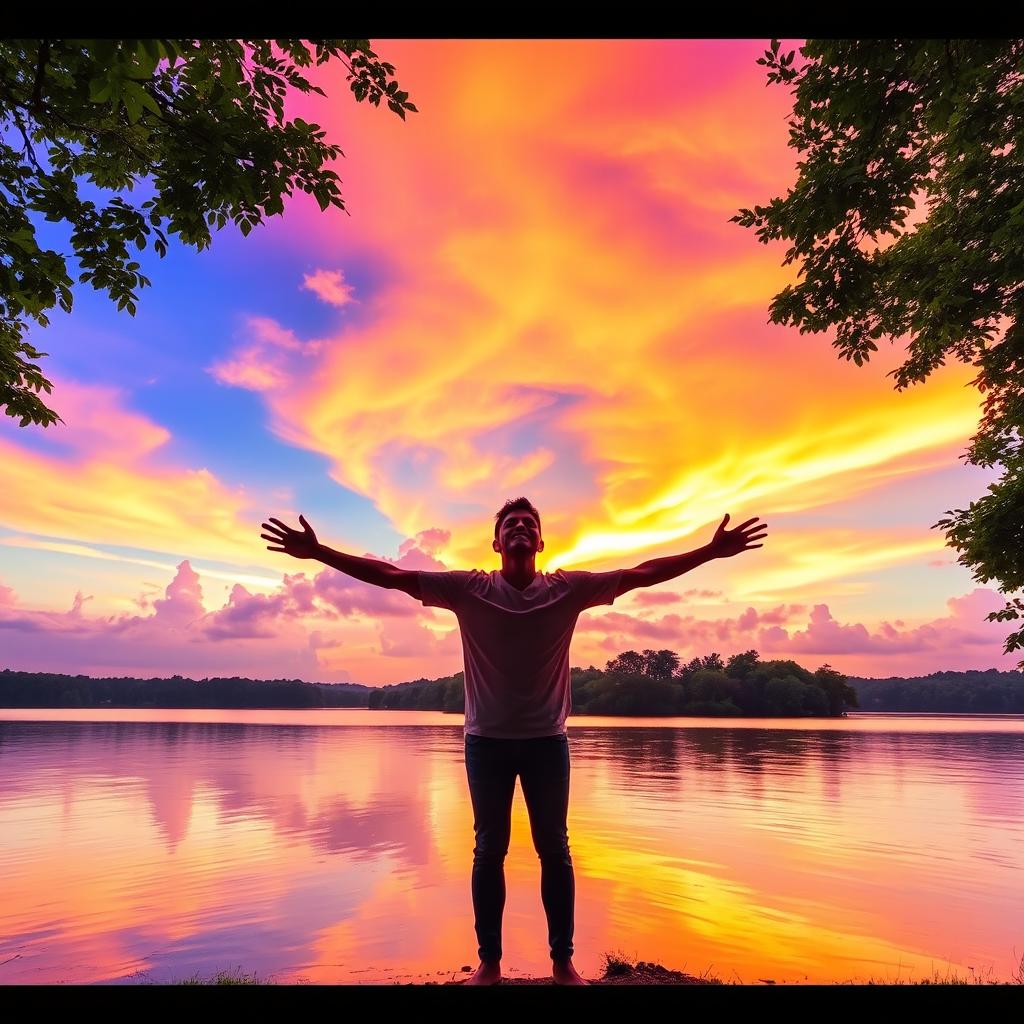 A beautiful sunrise scene over a tranquil lake, with vibrant hues of orange, pink, and purple illuminating the sky