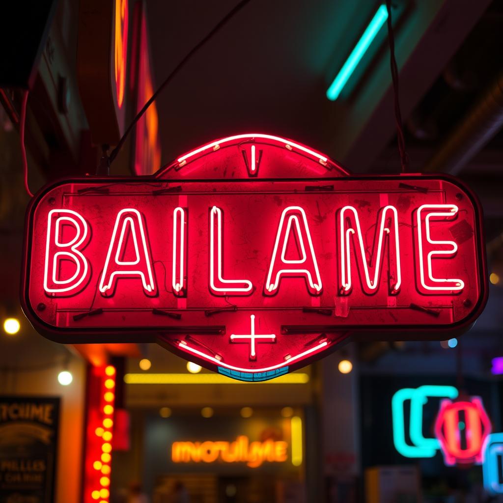 A vintage neon sign in vibrant colors featuring the text 'BAILAME +' instead of 'BROTHEL ANGELLS LADYS'