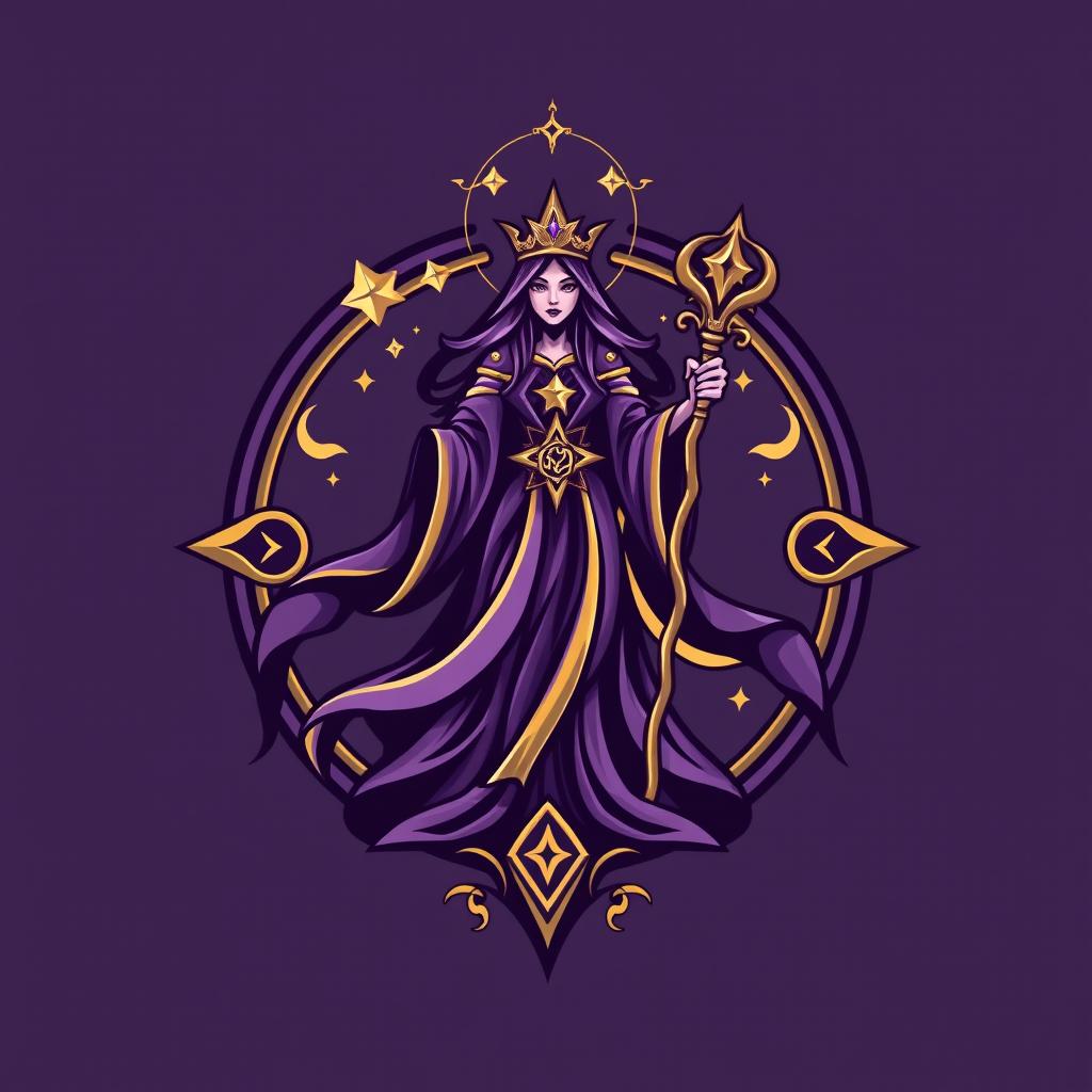 A mystical and enchanting logo for a sorceress guild, featuring a stylized sorceress figure with flowing robes and a majestic staff