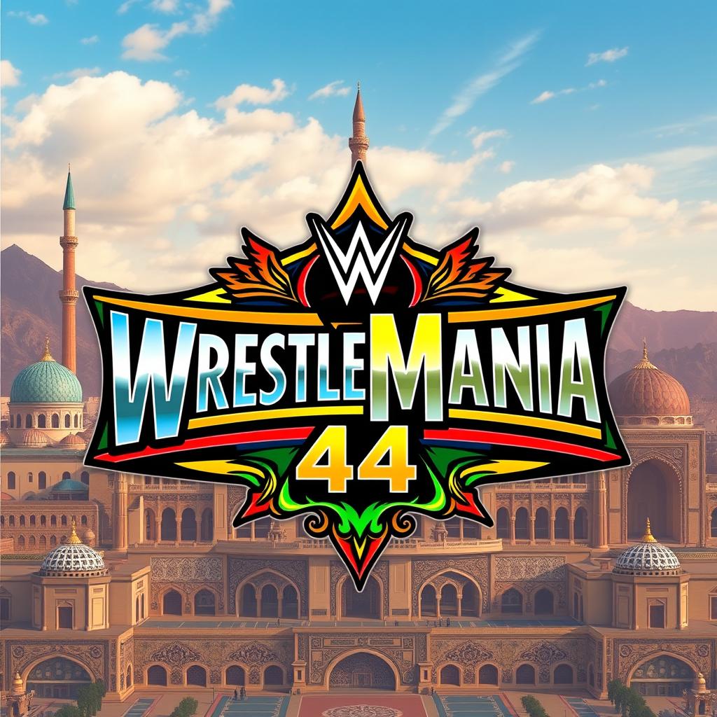 A vibrant and artistic reinterpretation of the WrestleMania 44 logo, set against the backdrop of Iran’s iconic landmarks such as the Azadi Tower and intricate Persian architectural elements