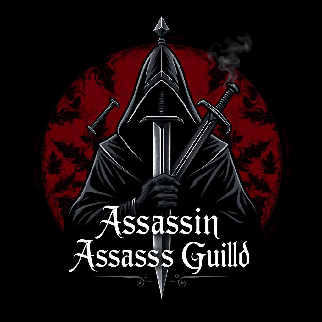 A detailed and striking logo design for an assassin guild, featuring a stylized dagger crossed with a hooded figure silhouette, set against a dark, moody background