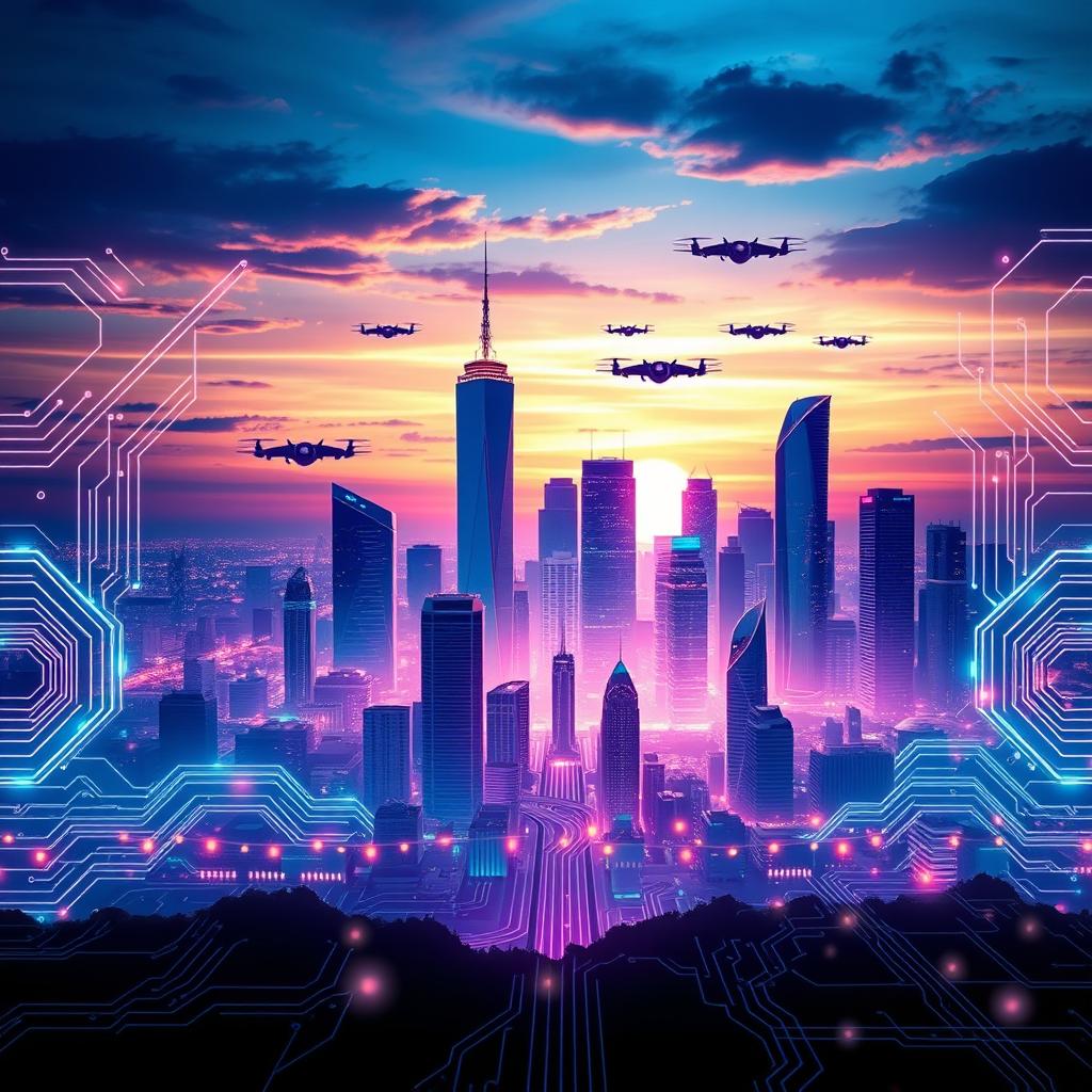 A captivating graphic design featuring a futuristic technology concept where a glowing circuit board pattern seamlessly transitions into an urban skyline at sunset