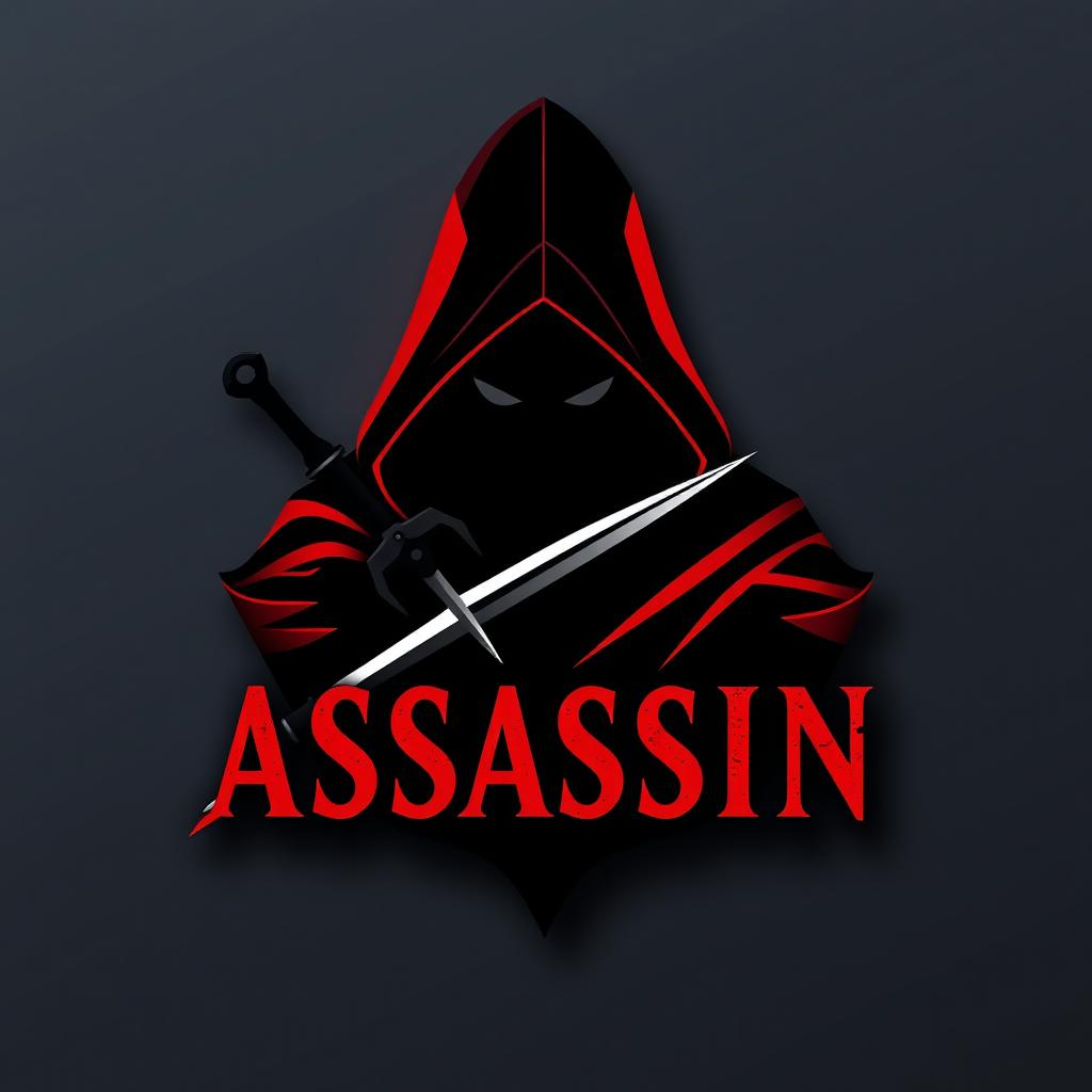 A sleek and modern assassin logo, featuring a stylized hooded figure with a sharp blade or dagger, integrating elements of stealth and mystery