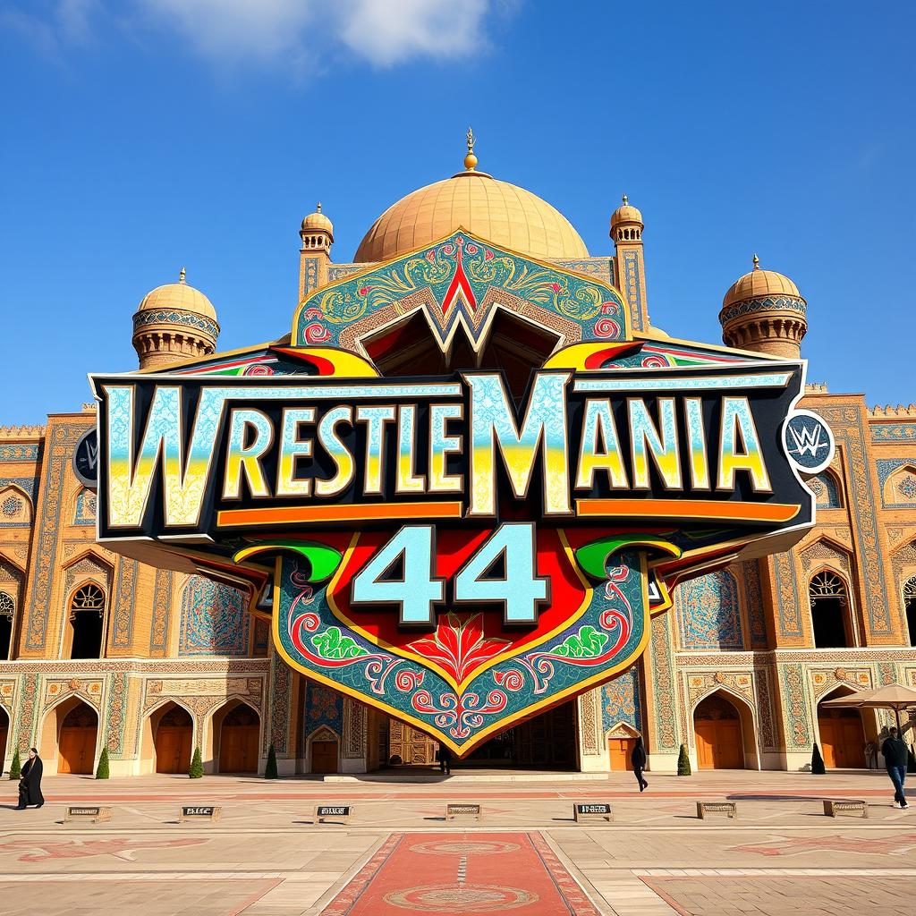 A creative and vibrant depiction of the WrestleMania 44 logo, set in Isfahan, Iran, with elements inspired by the stunning Naghshe Jahan Square