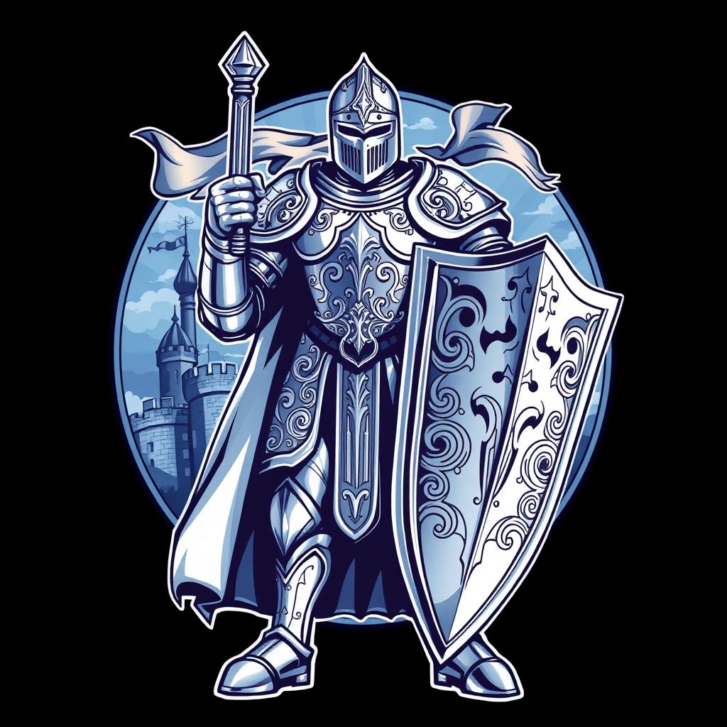 A highly detailed logo representing a knight in shining armor, standing tall and proud with a sword and shield