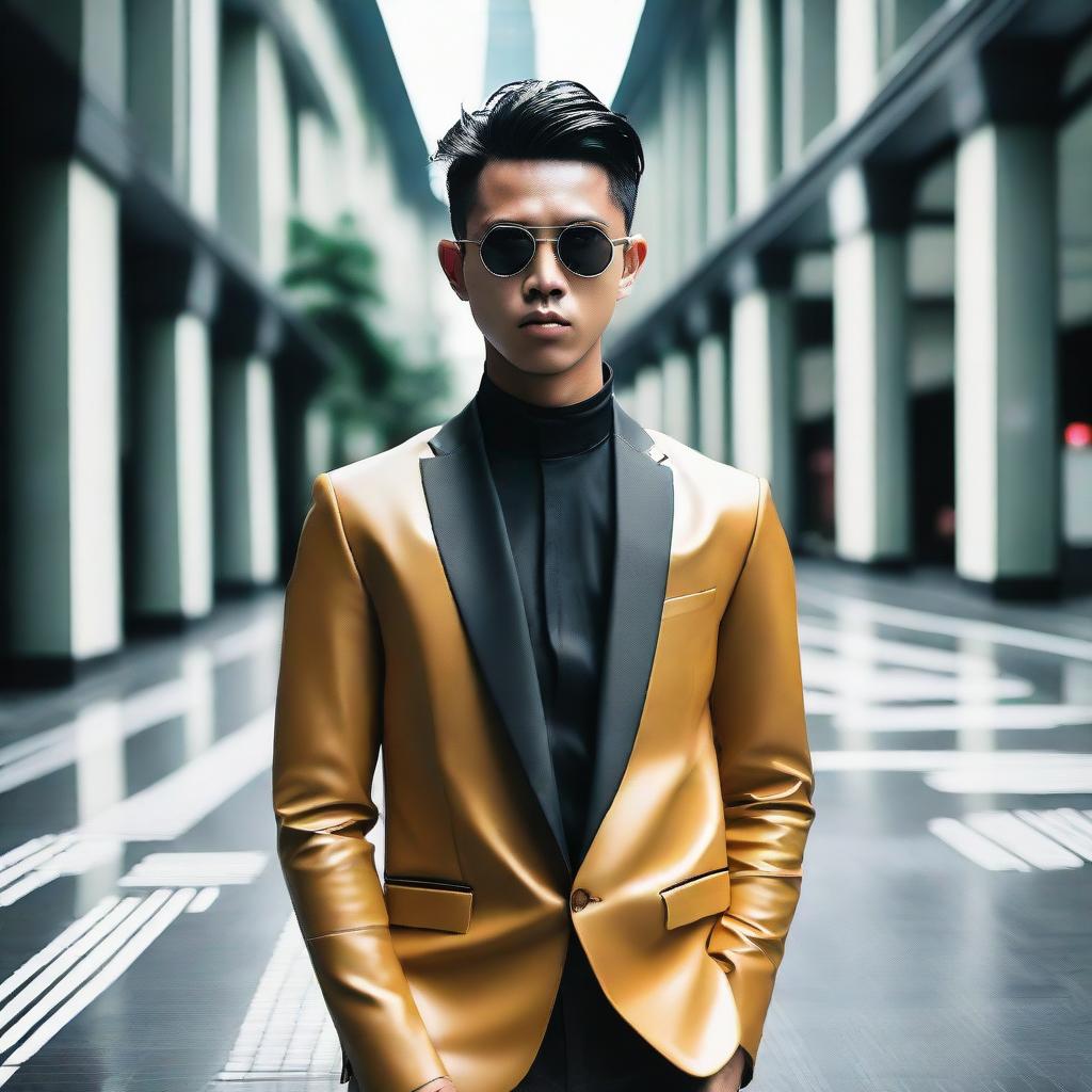 A young Indonesian man dressed in a modern outfit featuring latex materials, highlighting the cultural integration and style diversity