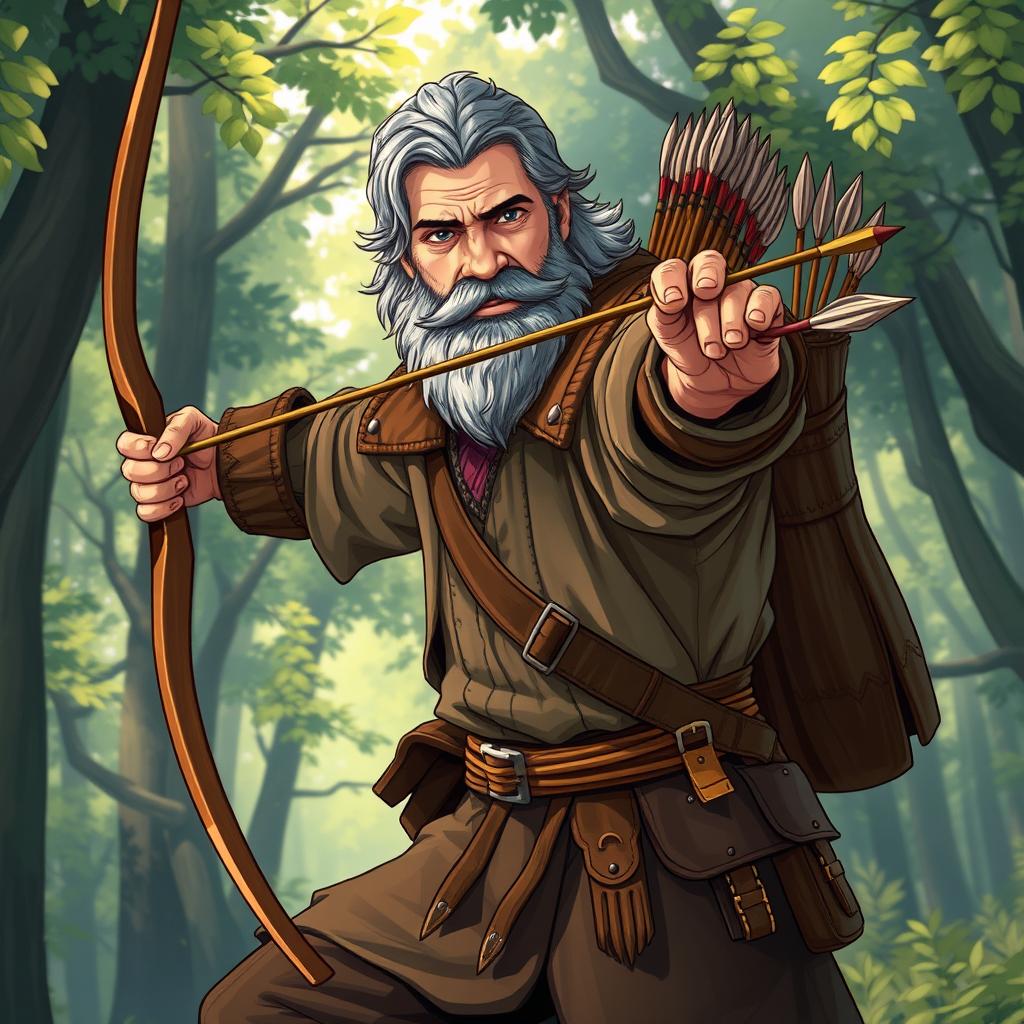 A captivating illustration featuring a middle-aged archer in a dynamic pose, poised to shoot an arrow