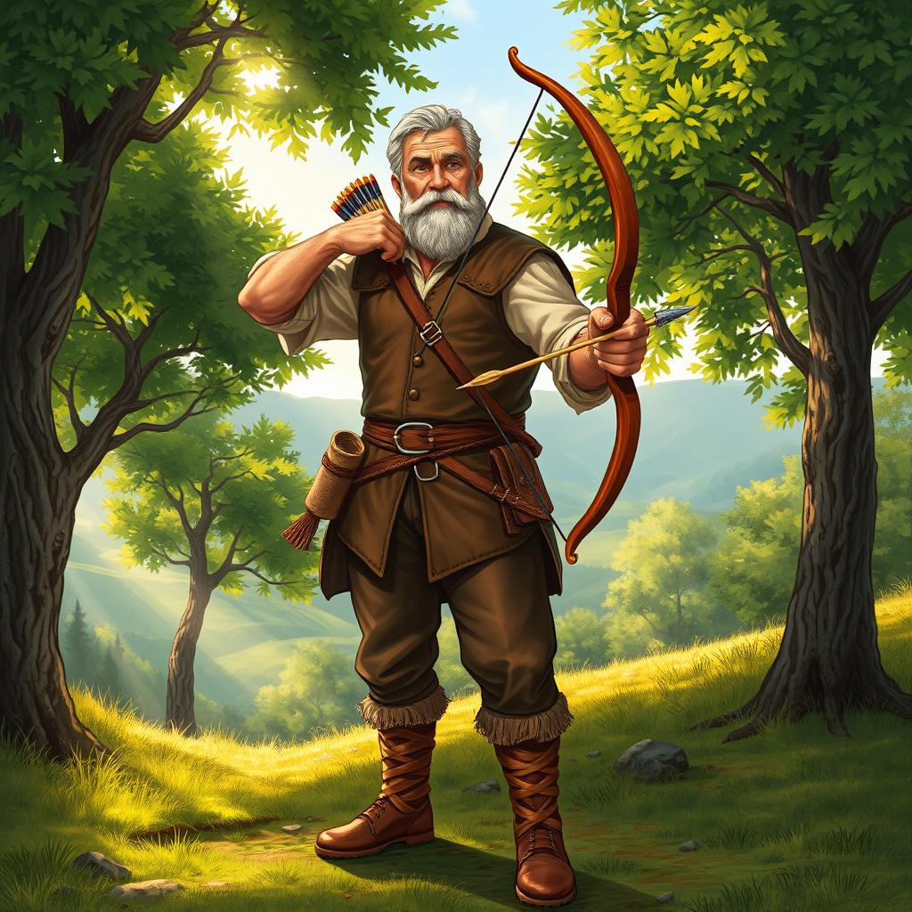 A detailed illustration of a middle-aged archer standing confidently in a medieval woodland setting