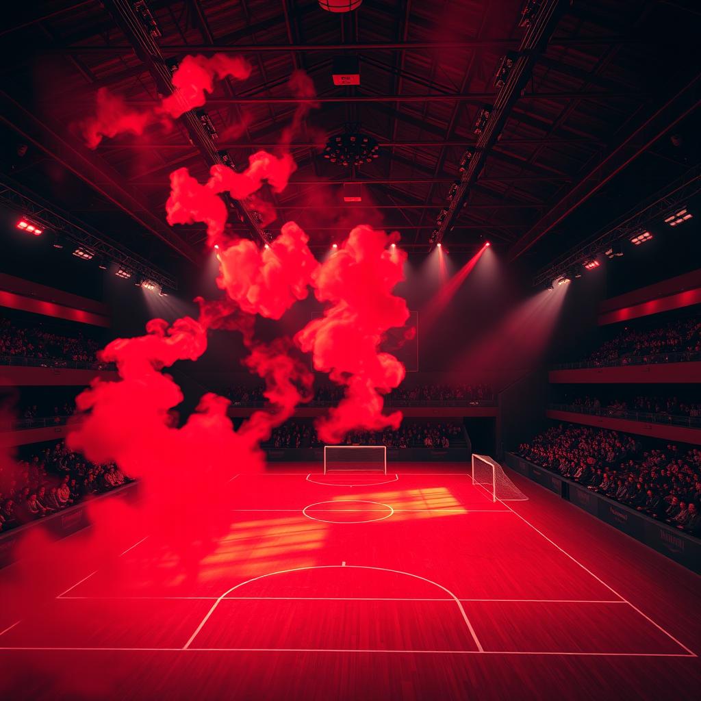 A realistic depiction of an indoor futsal sports hall with a dynamic atmosphere