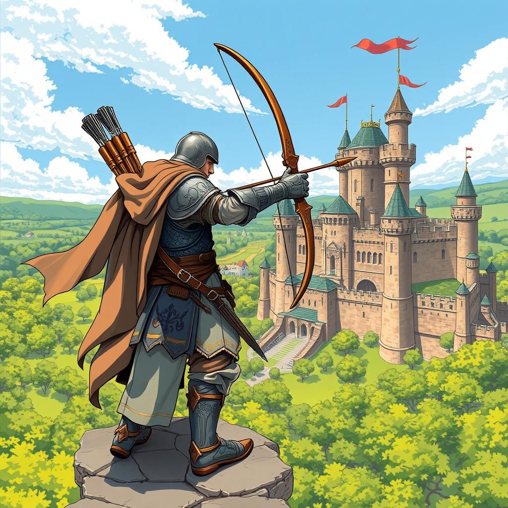 A vibrant illustration of a castle-age archer standing on the battlements of a grand medieval castle