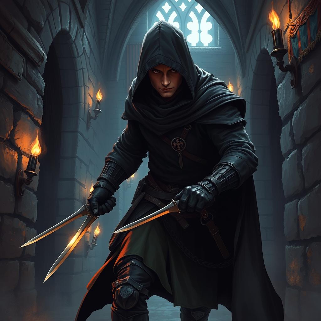 A striking illustration of a castle-age assassin stealthily navigating the shadowy corridors of a medieval castle