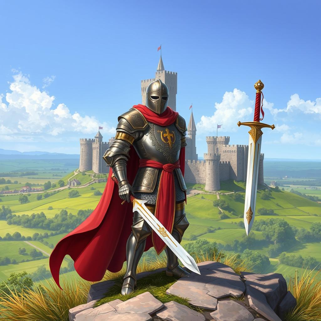 A majestic illustration of a castle-age knight in full armor, standing proudly atop a hill overlooking a grand medieval castle