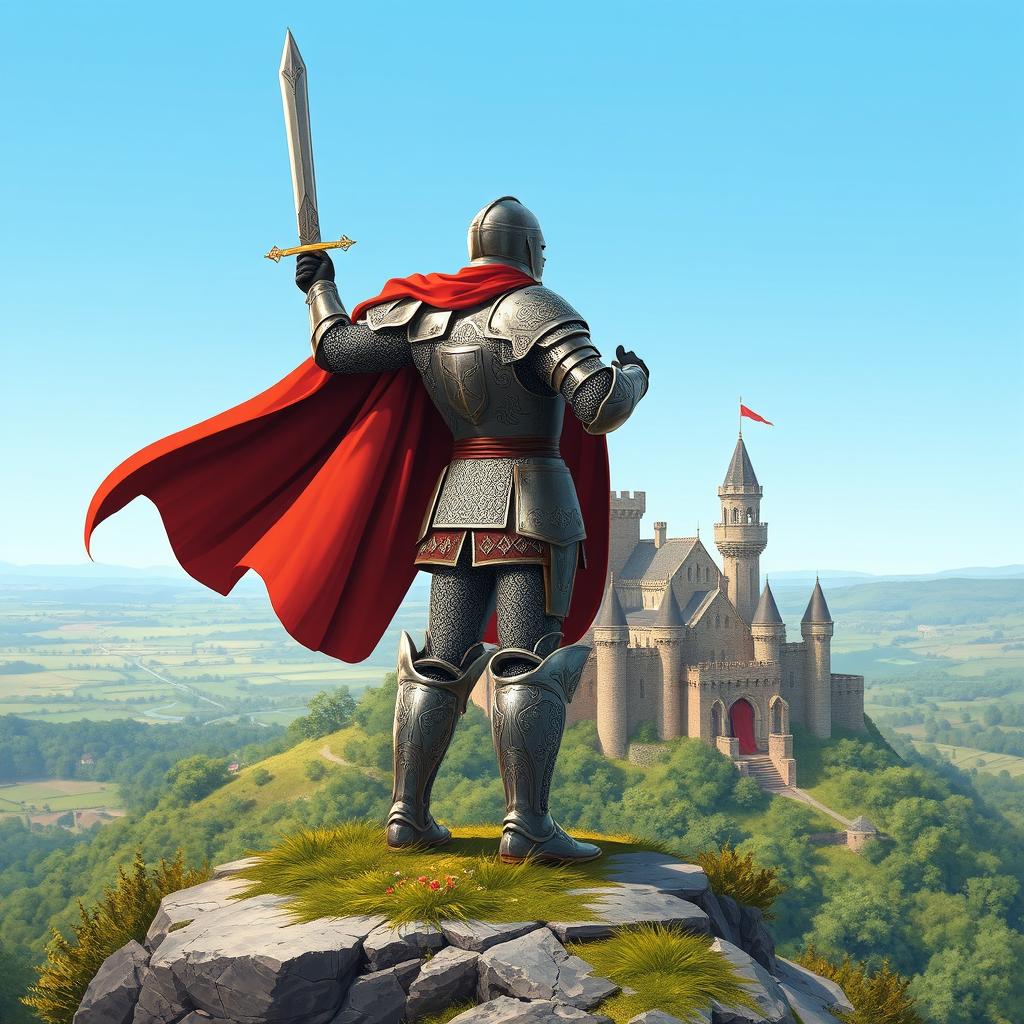 A magnificent illustration of a castle-age knight in full plate armor, standing valiantly on a hill overlooking a sprawling medieval landscape