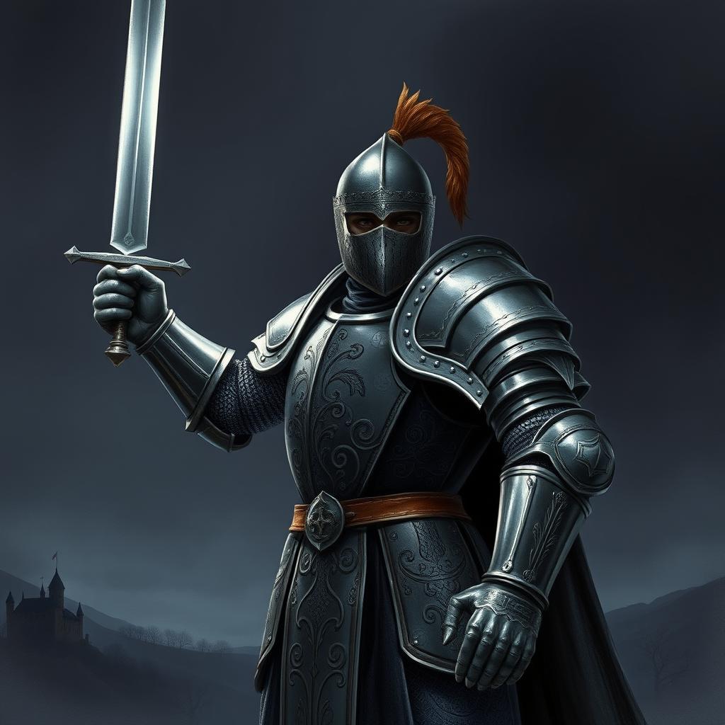 A dramatic illustration of a castle-age knight in full plate armor, striking a heroic pose against a dark, moody background
