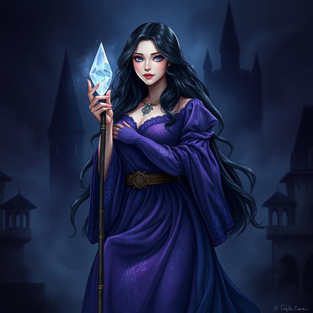 A captivating illustration of a castle-age sorceress, poised and mystical against a dark, enigmatic background
