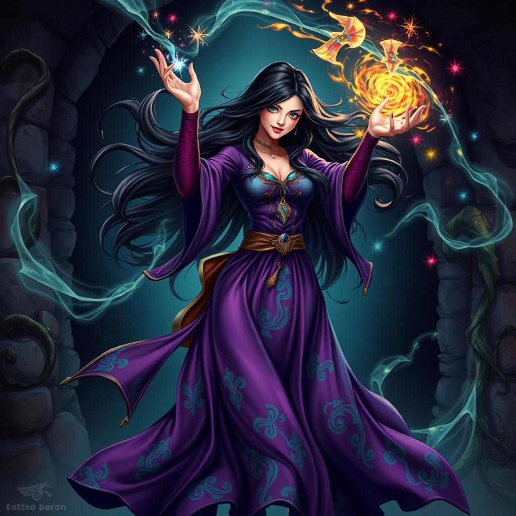 A vibrant illustration of a castle-age sorceress depicted in an energetic pose, radiating powerful magic against a dark, dramatic background