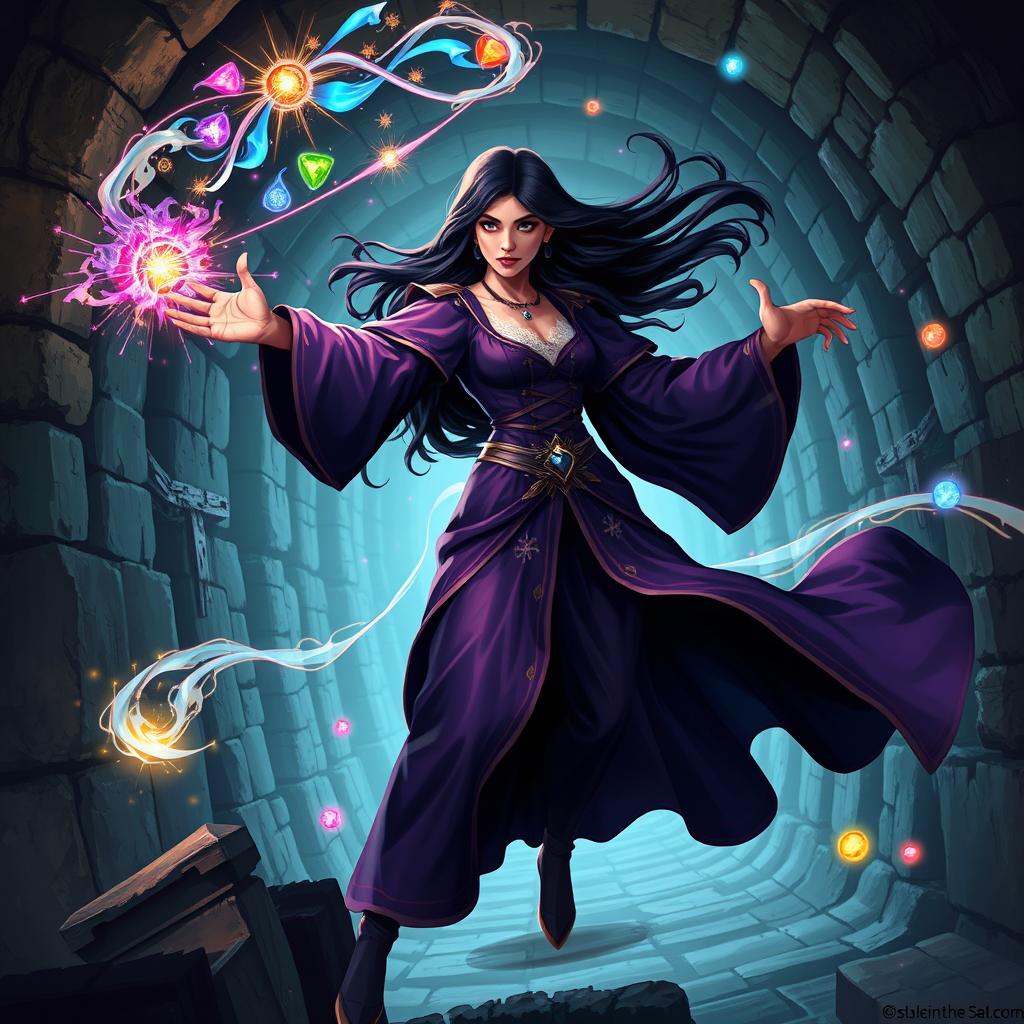 A dynamic illustration of a castle-age sorceress depicted in an energetic stance, surrounded by a dark labyrinth background that enhances the sense of mystique and adventure